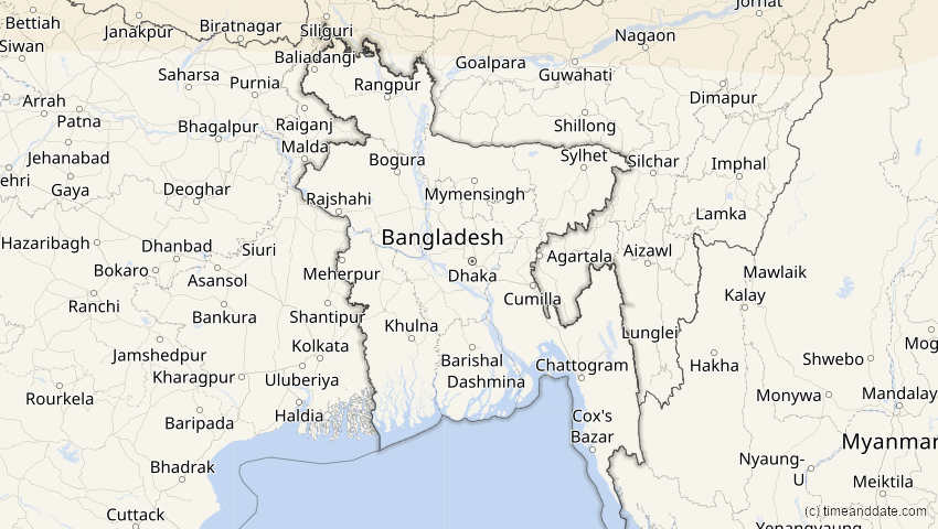 A map of Bangladesch, showing the path of the 29. Mär 2006 Totale Sonnenfinsternis