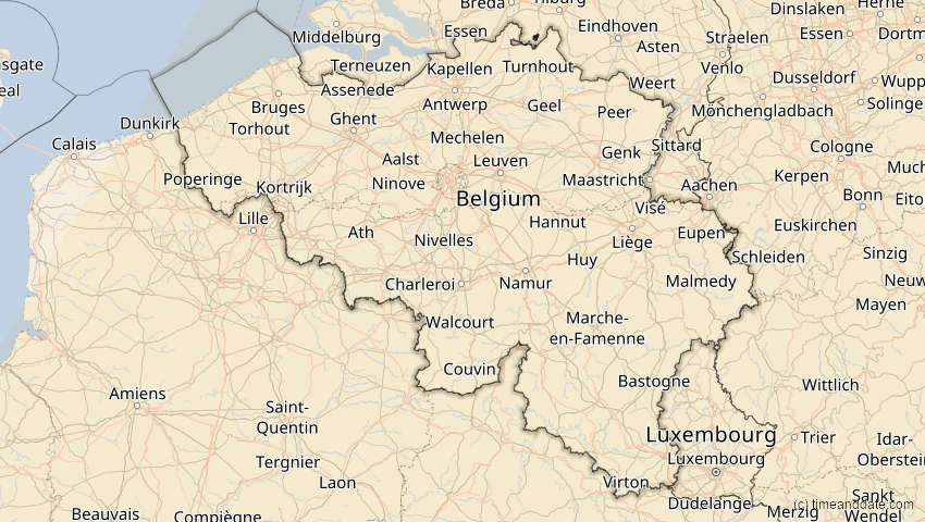 A map of Belgien, showing the path of the 29. Mär 2006 Totale Sonnenfinsternis