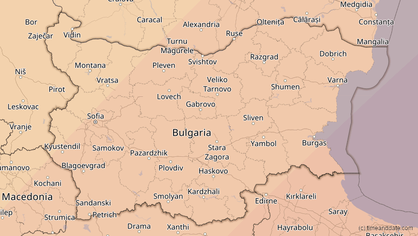 A map of Bulgarien, showing the path of the 29. Mär 2006 Totale Sonnenfinsternis
