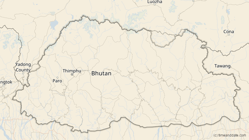 A map of Bhutan, showing the path of the 29. Mär 2006 Totale Sonnenfinsternis