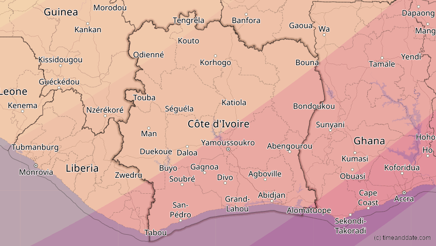 A map of Elfenbeinküste (Côte d'Ivoire), showing the path of the 29. Mär 2006 Totale Sonnenfinsternis