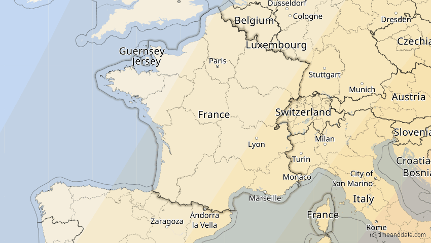 A map of Frankreich, showing the path of the 29. Mär 2006 Totale Sonnenfinsternis