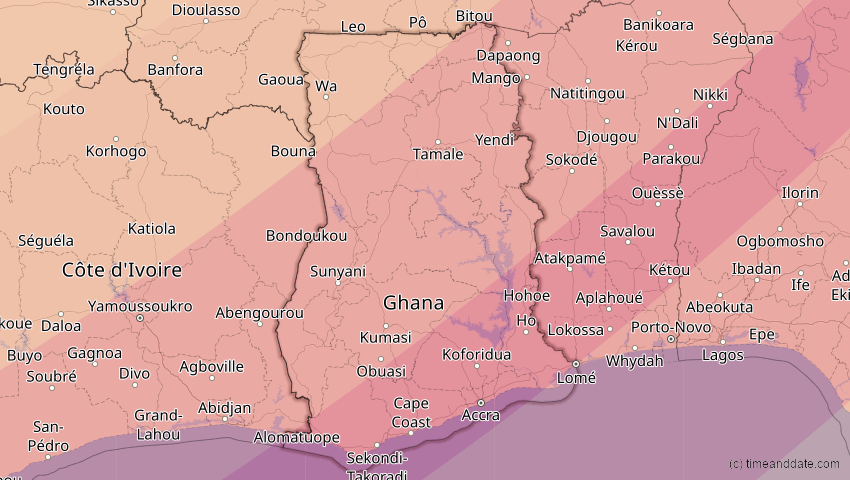 A map of Ghana, showing the path of the 29. Mär 2006 Totale Sonnenfinsternis