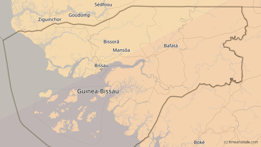 A map of Guinea-Bissau, showing the path of the 29. Mär 2006 Totale Sonnenfinsternis