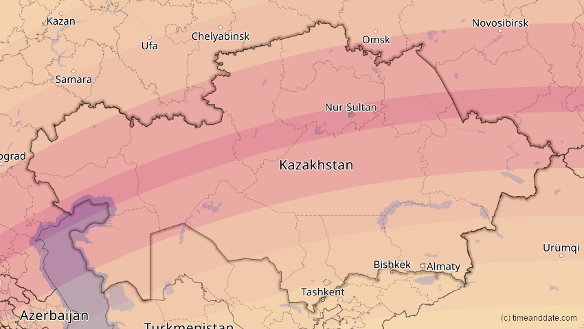 A map of Kasachstan, showing the path of the 29. Mär 2006 Totale Sonnenfinsternis