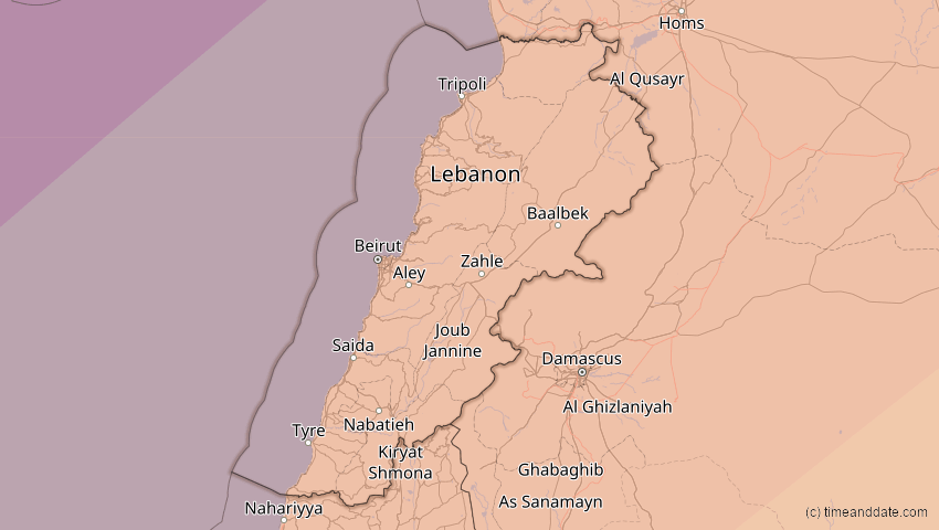 A map of Libanon, showing the path of the 29. Mär 2006 Totale Sonnenfinsternis