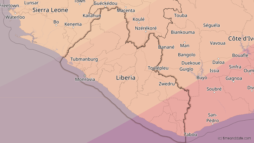 A map of Liberia, showing the path of the 29. Mär 2006 Totale Sonnenfinsternis