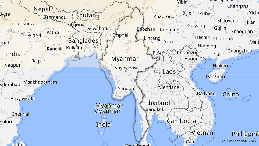 A map of Myanmar, showing the path of the 29. Mär 2006 Totale Sonnenfinsternis