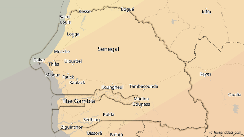 A map of Senegal, showing the path of the 29. Mär 2006 Totale Sonnenfinsternis