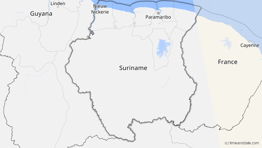 A map of Suriname, showing the path of the 29. Mär 2006 Totale Sonnenfinsternis