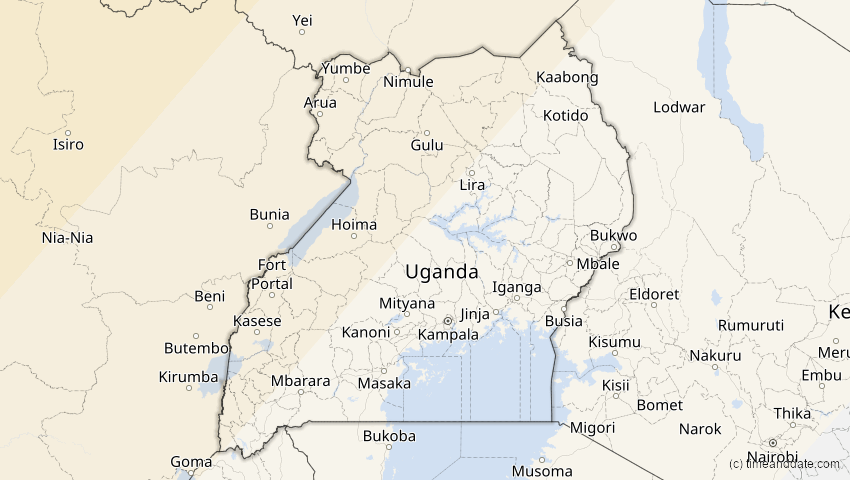 A map of Uganda, showing the path of the 29. Mär 2006 Totale Sonnenfinsternis