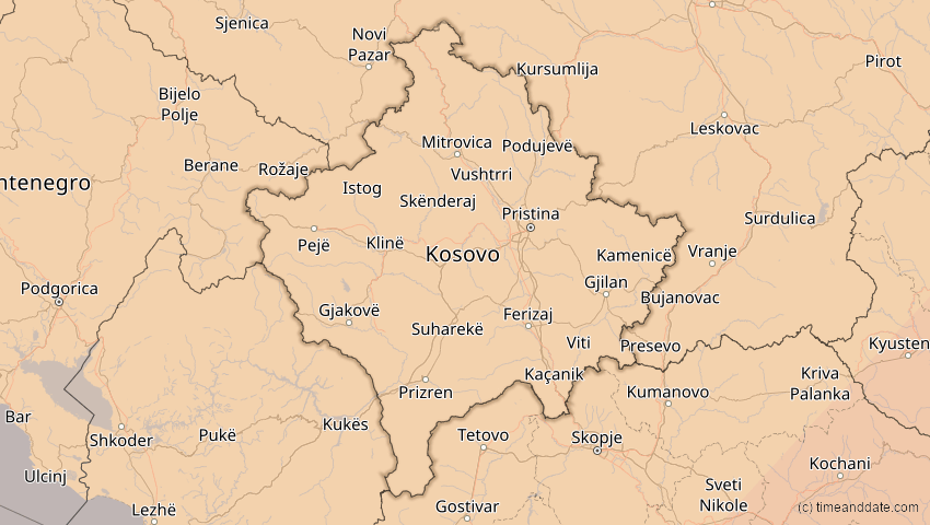 A map of Kosovo, showing the path of the 29. Mär 2006 Totale Sonnenfinsternis
