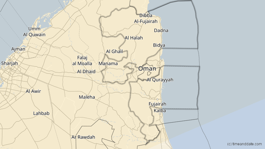 A map of Fudschaira, Vereinigte Arabische Emirate, showing the path of the 29. Mär 2006 Totale Sonnenfinsternis