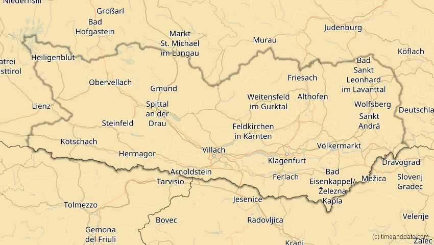 A map of Kärnten, Österreich, showing the path of the 29. Mär 2006 Totale Sonnenfinsternis