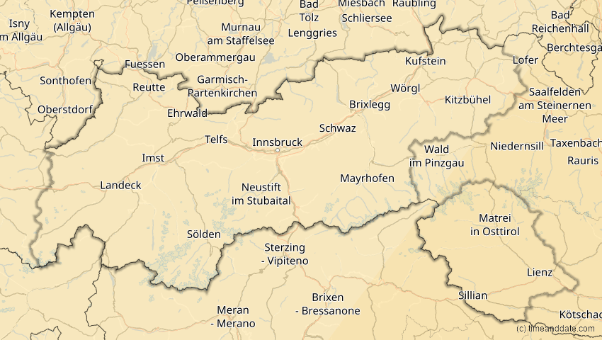 A map of Tirol, Österreich, showing the path of the 29. Mär 2006 Totale Sonnenfinsternis