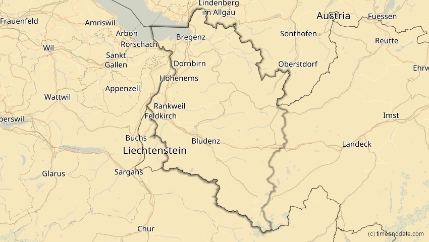 A map of Vorarlberg, Österreich, showing the path of the 29. Mär 2006 Totale Sonnenfinsternis