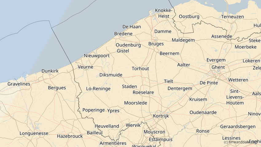 A map of Westflandern, Belgien, showing the path of the 29. Mär 2006 Totale Sonnenfinsternis