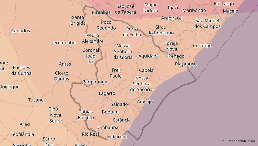 A map of Sergipe, Brasilien, showing the path of the 29. Mär 2006 Totale Sonnenfinsternis