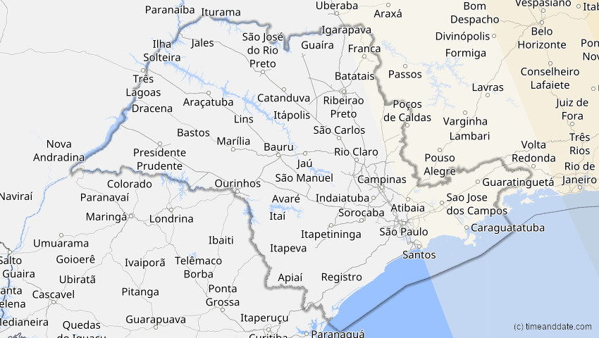 A map of São Paulo, Brasilien, showing the path of the 29. Mär 2006 Totale Sonnenfinsternis