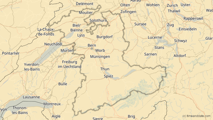 A map of Bern, Schweiz, showing the path of the 29. Mär 2006 Totale Sonnenfinsternis