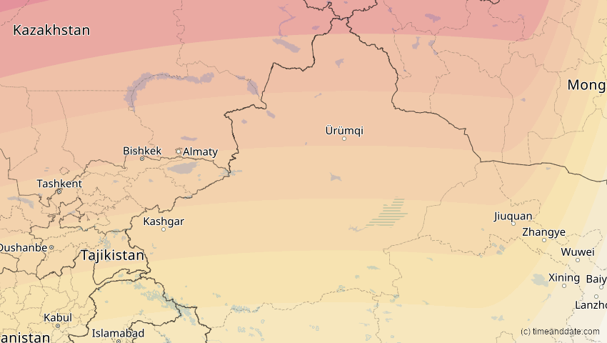 A map of Xinjiang, China, showing the path of the 29. Mär 2006 Totale Sonnenfinsternis
