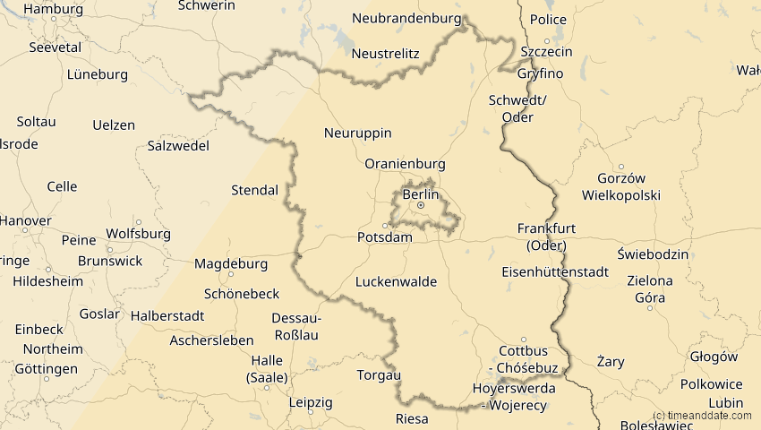 A map of Brandenburg, Deutschland, showing the path of the 29. Mär 2006 Totale Sonnenfinsternis