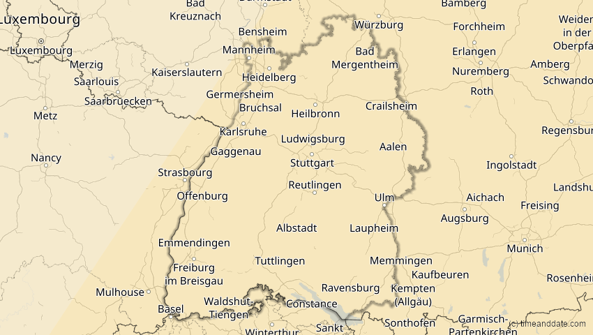 A map of Baden-Württemberg, Deutschland, showing the path of the 29. Mär 2006 Totale Sonnenfinsternis