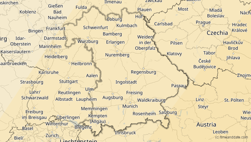 A map of Bayern, Deutschland, showing the path of the 29. Mär 2006 Totale Sonnenfinsternis