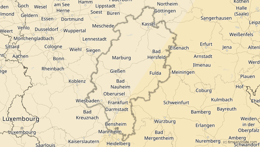 A map of Hessen, Deutschland, showing the path of the 29. Mär 2006 Totale Sonnenfinsternis