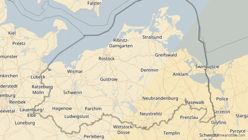 A map of Mecklenburg-Vorpommern, Deutschland, showing the path of the 29. Mär 2006 Totale Sonnenfinsternis