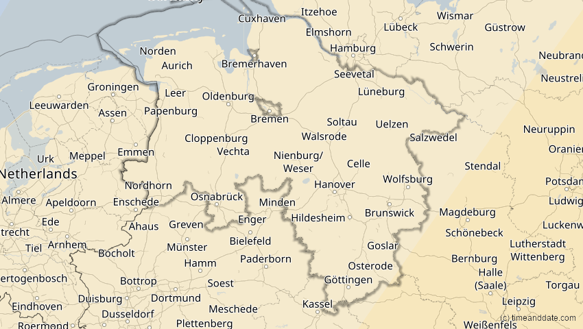 A map of Niedersachsen, Deutschland, showing the path of the 29. Mär 2006 Totale Sonnenfinsternis