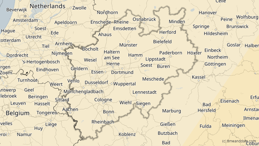 A map of Nordrhein-Westfalen, Deutschland, showing the path of the 29. Mär 2006 Totale Sonnenfinsternis
