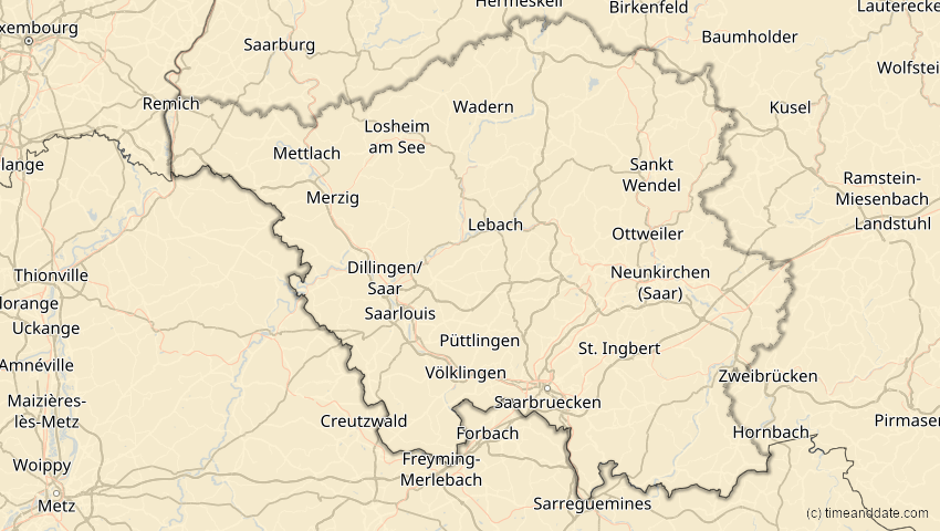 A map of Saarland, Deutschland, showing the path of the 29. Mär 2006 Totale Sonnenfinsternis