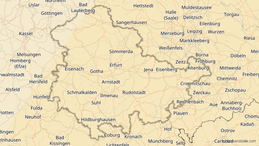 A map of Thüringen, Deutschland, showing the path of the 29. Mär 2006 Totale Sonnenfinsternis