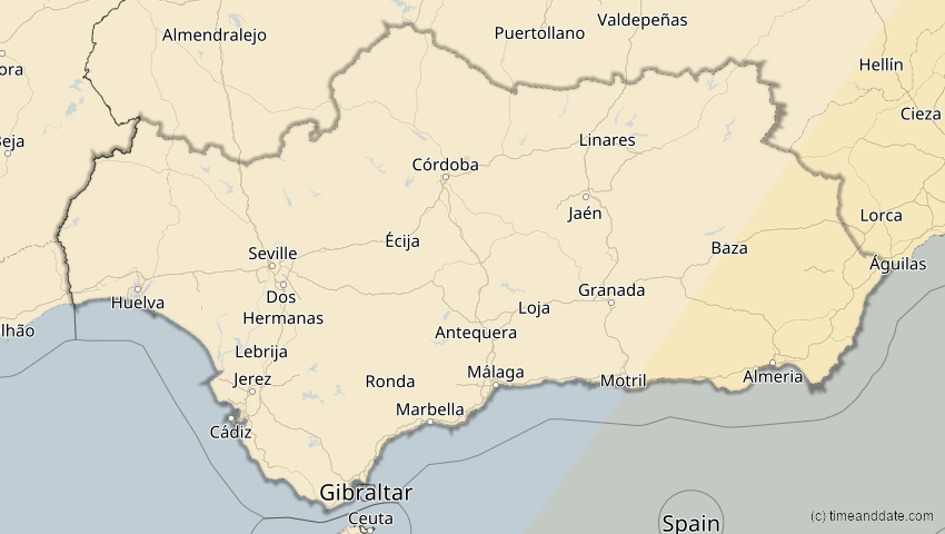 A map of Andalusien, Spanien, showing the path of the 29. Mär 2006 Totale Sonnenfinsternis