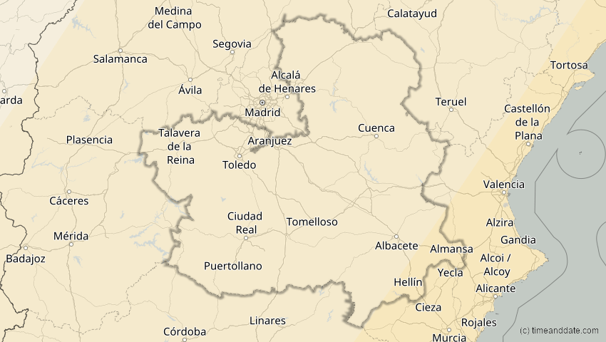 A map of Kastilien-La Mancha, Spanien, showing the path of the 29. Mär 2006 Totale Sonnenfinsternis