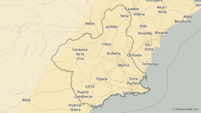 A map of Murcia, Spanien, showing the path of the 29. Mär 2006 Totale Sonnenfinsternis