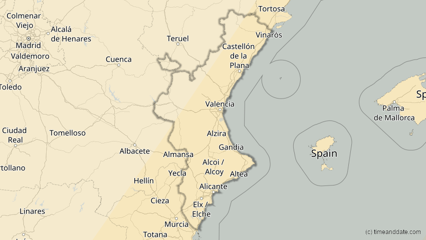 A map of Valencia, Spanien, showing the path of the 29. Mär 2006 Totale Sonnenfinsternis