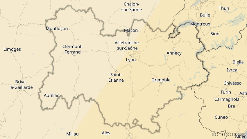 A map of Auvergne-Rhône-Alpes, Frankreich, showing the path of the 29. Mär 2006 Totale Sonnenfinsternis