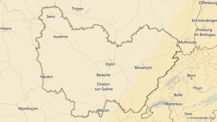 A map of Bourgogne-Franche-Comté, Frankreich, showing the path of the 29. Mär 2006 Totale Sonnenfinsternis