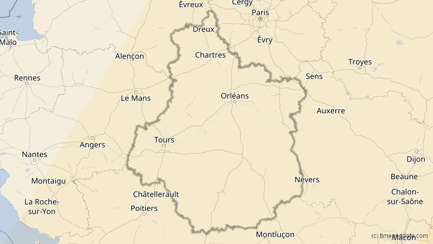 A map of Centre-Val de Loire, Frankreich, showing the path of the 29. Mär 2006 Totale Sonnenfinsternis