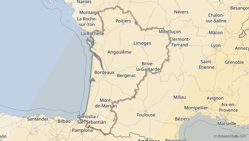 A map of Nouvelle-Aquitaine, Frankreich, showing the path of the 29. Mär 2006 Totale Sonnenfinsternis