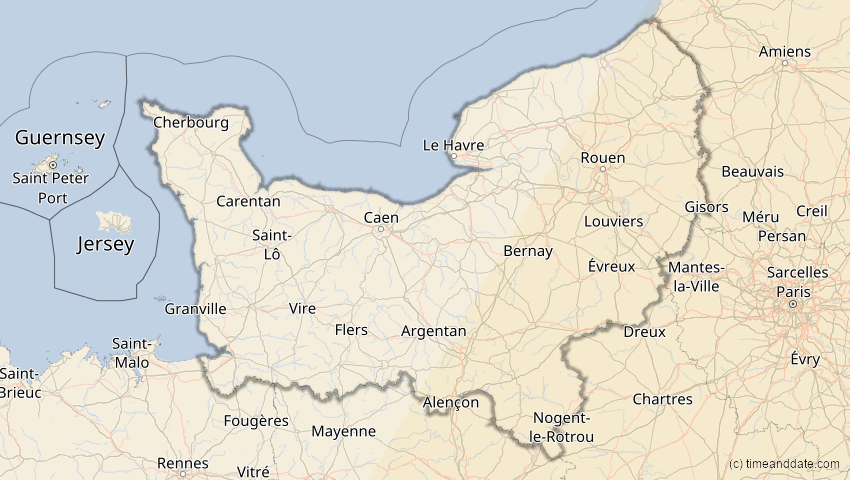 A map of Normandie, Frankreich, showing the path of the 29. Mär 2006 Totale Sonnenfinsternis
