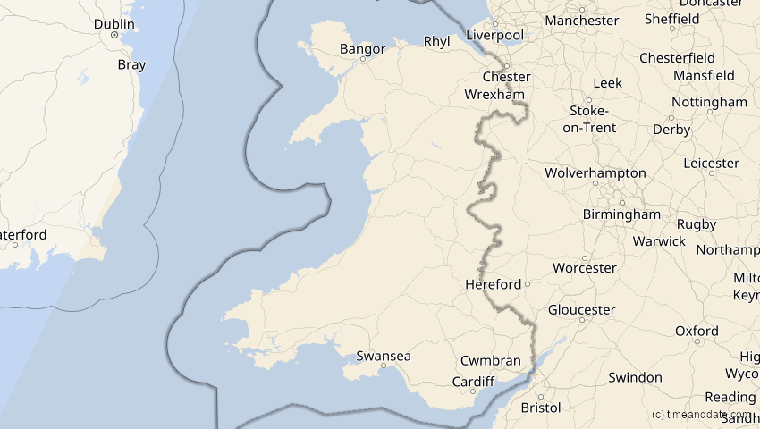 A map of Wales, Großbritannien, showing the path of the 29. Mär 2006 Totale Sonnenfinsternis