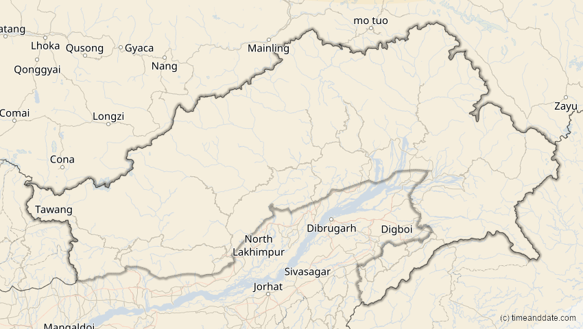 A map of Arunachal Pradesh, Indien, showing the path of the 29. Mär 2006 Totale Sonnenfinsternis