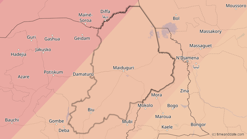 A map of Borno, Nigeria, showing the path of the 29. Mär 2006 Totale Sonnenfinsternis