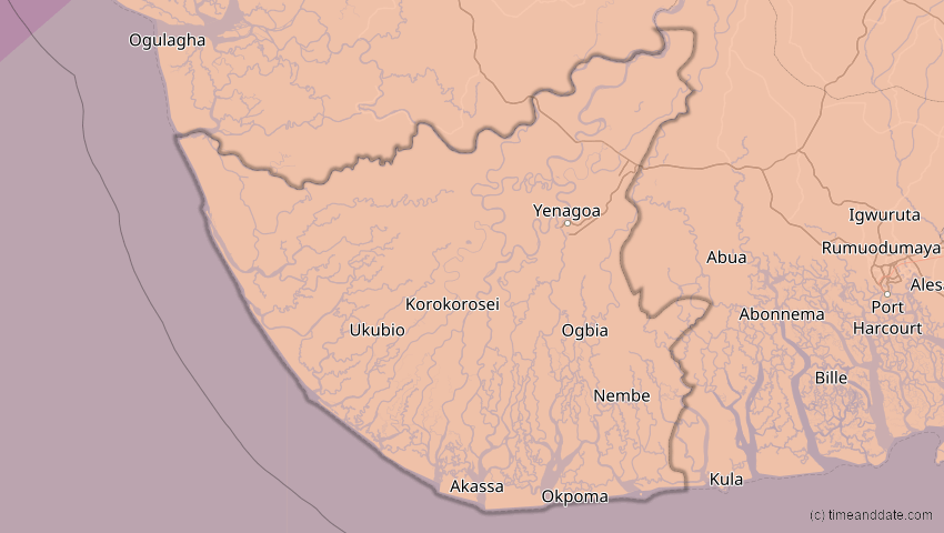 A map of Bayelsa, Nigeria, showing the path of the 29. Mär 2006 Totale Sonnenfinsternis