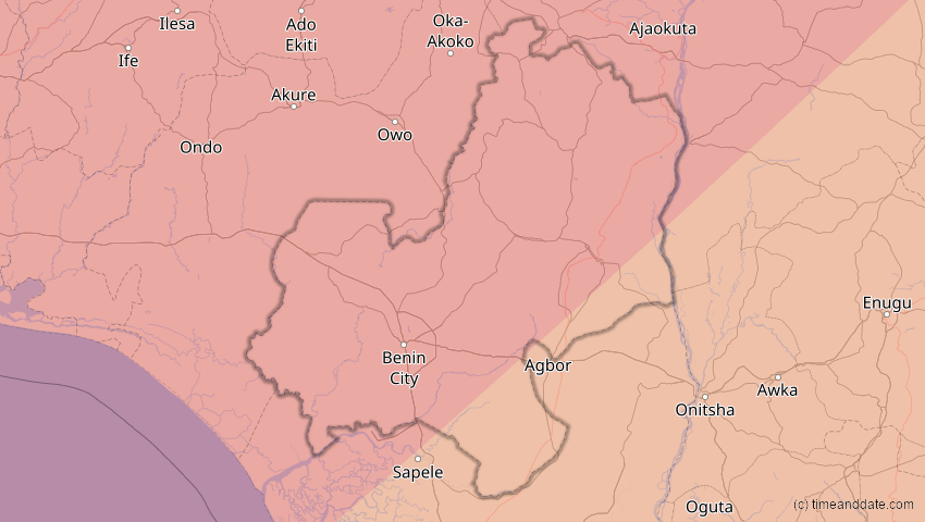 A map of Edo, Nigeria, showing the path of the 29. Mär 2006 Totale Sonnenfinsternis
