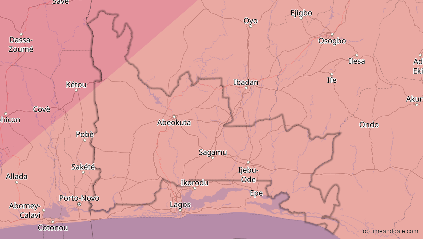 A map of Ogun, Nigeria, showing the path of the 29. Mär 2006 Totale Sonnenfinsternis