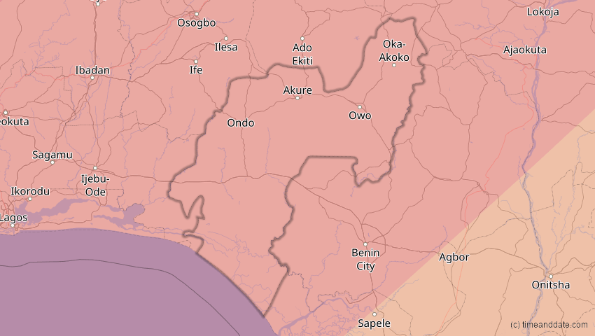 A map of Ondo, Nigeria, showing the path of the 29. Mär 2006 Totale Sonnenfinsternis